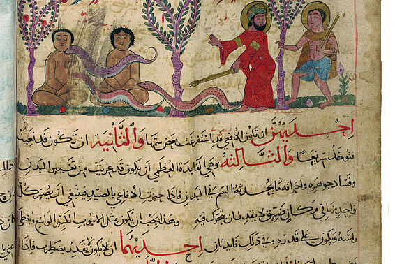 Mittelalterliche Illustration von Männern, die mit ausgestopften Puppten Jagd auf Schlangen machen, darunter ein Text in arabischer Schrift