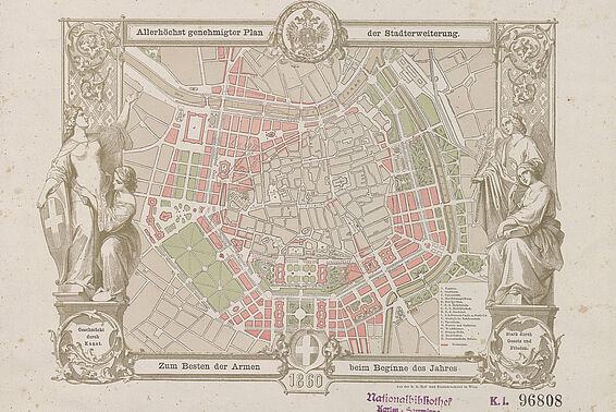 Gezeichneter Plan des ersten Bezirks und dessen geplanter Erweiterung mit Schmuckrand