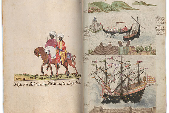 Doppelseite altes Buch: Zeichnungen „Spazierfahrt“ des türkischen Kaisers, Schiffe, Pferde, Menschen