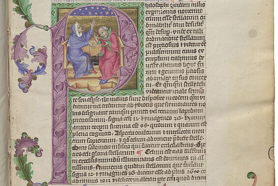 Mittelalterliche Handschrift mit Illustration von zwei Astronomen und Blumenverzierungen