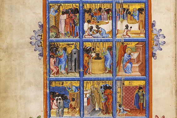 Illustrierte Seite in mittelalterlichem Buch, wie ein Comic angeordnet