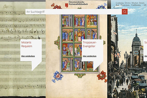 Screenshot des Portals ÖNB Digital, drei Fotos mit Überschriften sind zu sehen, in der Mitte eine Suchleiste