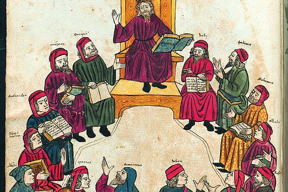 Mittelalterliche Zeichnung von einigen Personen in bunten Gewändern, die im Kreis sitzen, einer von ihnen sitzt auf einem Thron