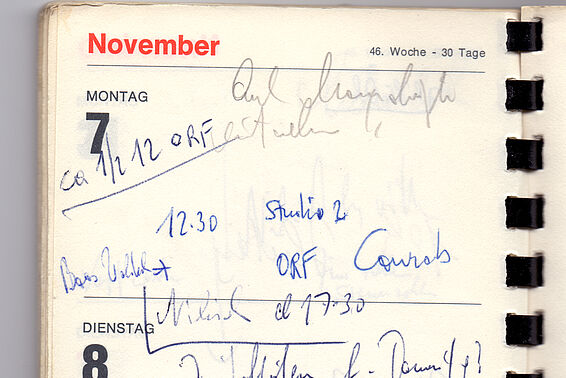 Foto von dem siebten November in einem Terminkalender, Termine beim ORF sind eingetragen