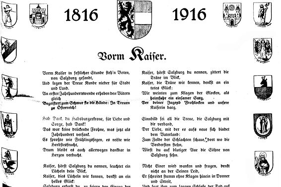 Ein Blatt Papier, auf dem in altmodischer Schrift steht "Salzburger Chronik", am Rand verschiedene Wappen