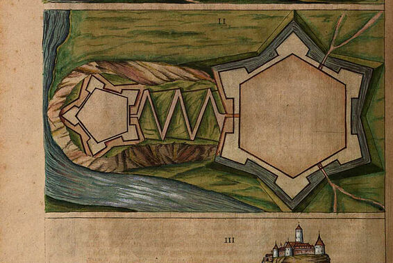 Drei alte Illustrationen von einer Burgfestung