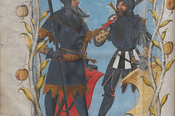 Zeichnung von zwei Rittern in Rüstung, darum ein Rahmen aus Pflanzen