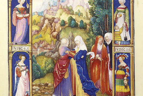 Mittelalterliche Illustration von, im Rahmen vier Frauen, in der Mitte vier Personen, dahinter ein Berg und ein Dorf