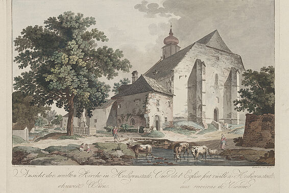 Kirche St. Michael in Heiligenstadt, kolorierte Radierung von Lorenz Janscha, um 1810 –  © Österreichische Nationalbibliothek