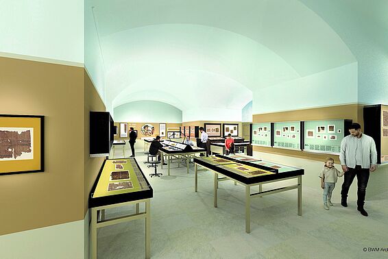 Museumsraum mit Papyrus in Vitrinen, verschiedenfärbig bemalten Wänden und einigen BesucherInnen