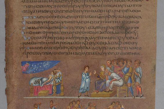 Mittelalterliche Handschrift, darunter Illustrationen von verschiedenen Menschen in starken Farben